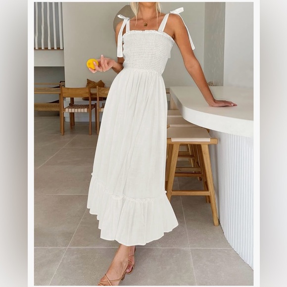 ZESICA Boho Spaghetti Strap, Square Neck, Solid Color Ruffle, A Line Maxi Dress - Picture 5 of 14